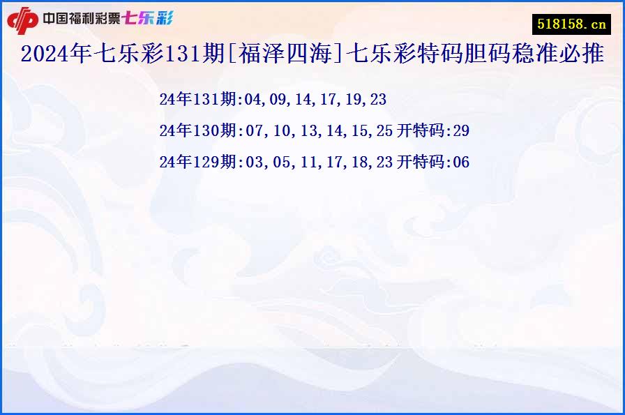 2024年七乐彩131期[福泽四海]七乐彩特码胆码稳准必推