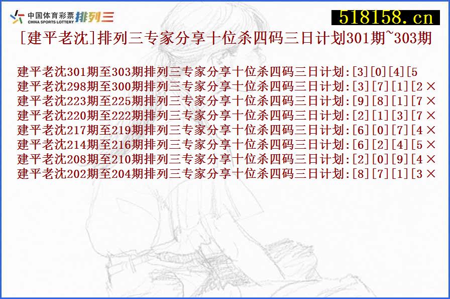 [建平老沈]排列三专家分享十位杀四码三日计划301期~303期