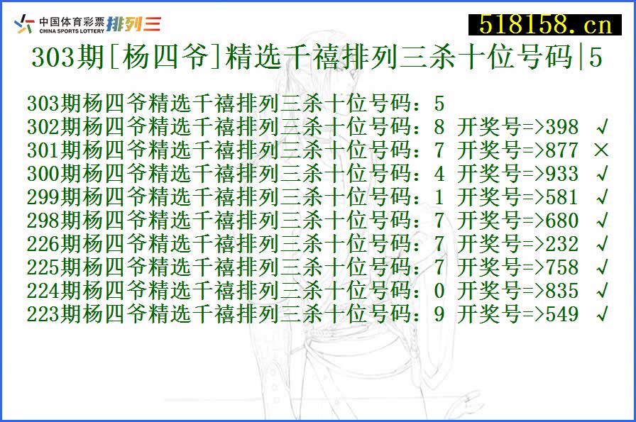 303期[杨四爷]精选千禧排列三杀十位号码|5