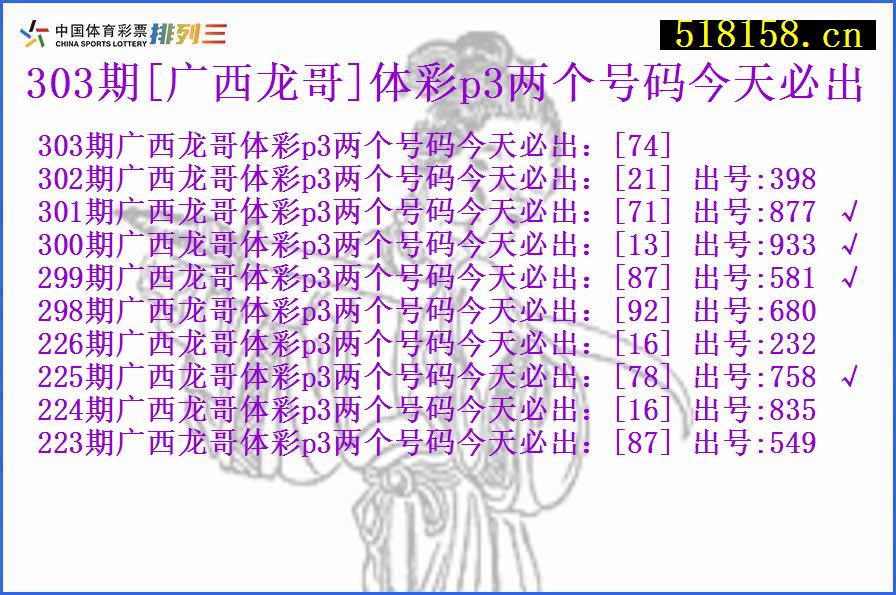 303期[广西龙哥]体彩p3两个号码今天必出