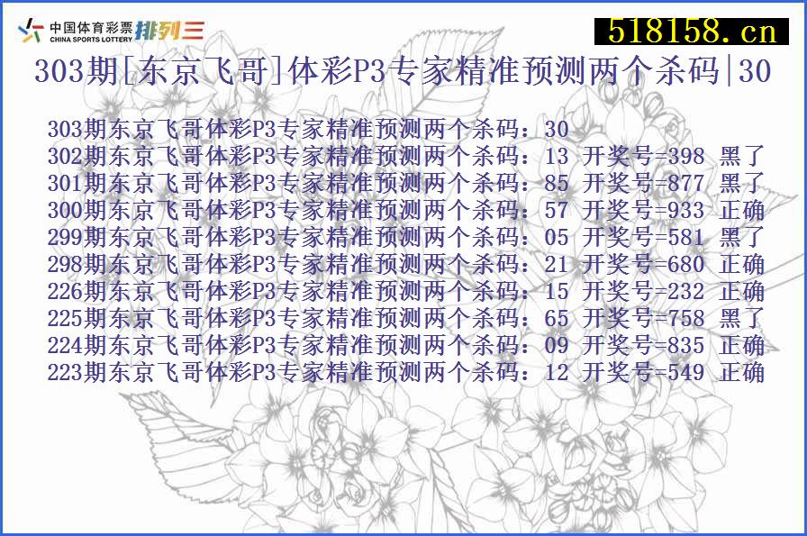 303期[东京飞哥]体彩P3专家精准预测两个杀码|30