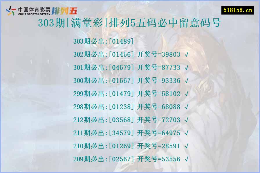 303期[满堂彩]排列5五码必中留意码号