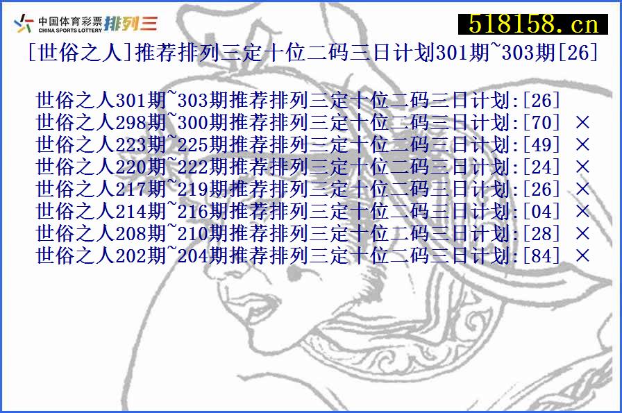 [世俗之人]推荐排列三定十位二码三日计划301期~303期[26]