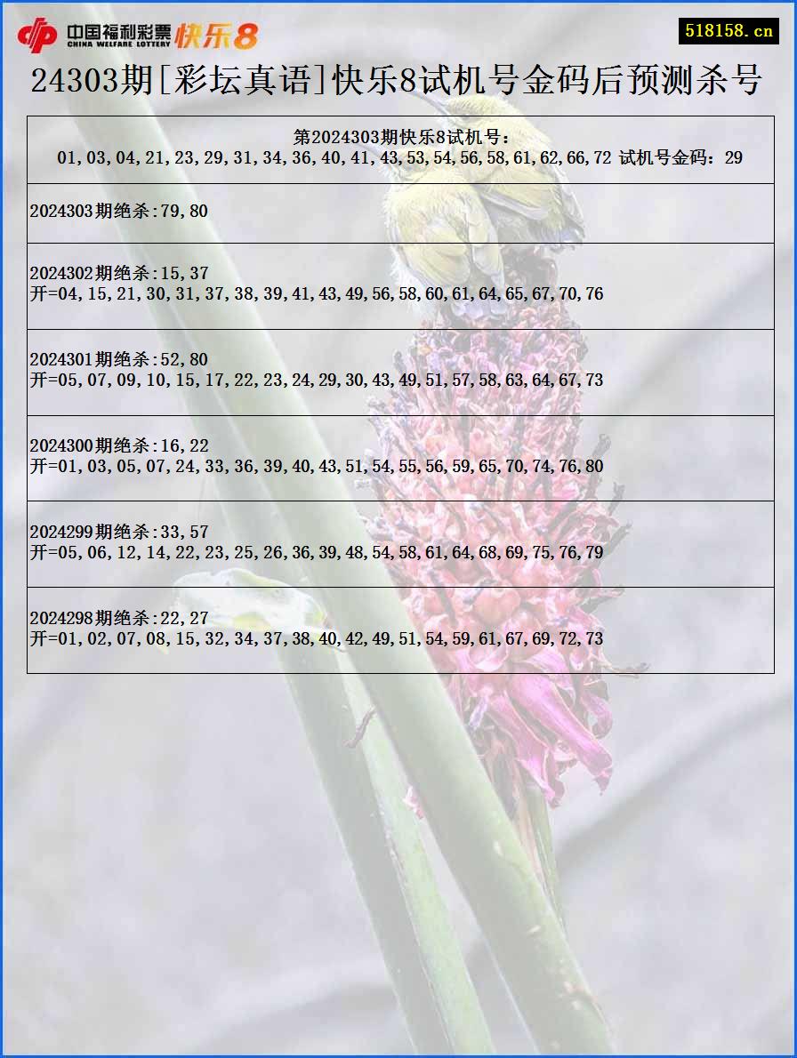 24303期[彩坛真语]快乐8试机号金码后预测杀号