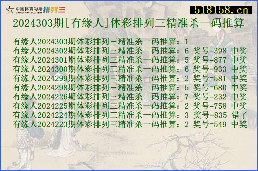 2024303期[有缘人]体彩排列三精准杀一码推算