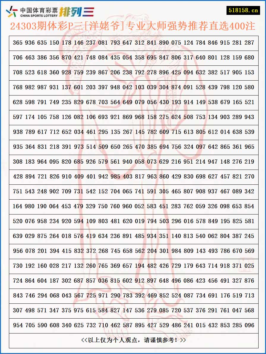 24303期体彩P三[洋姥爷]专业大师强势推荐直选400注