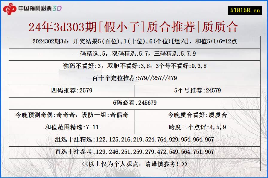 24年3d303期[假小子]质合推荐|质质合