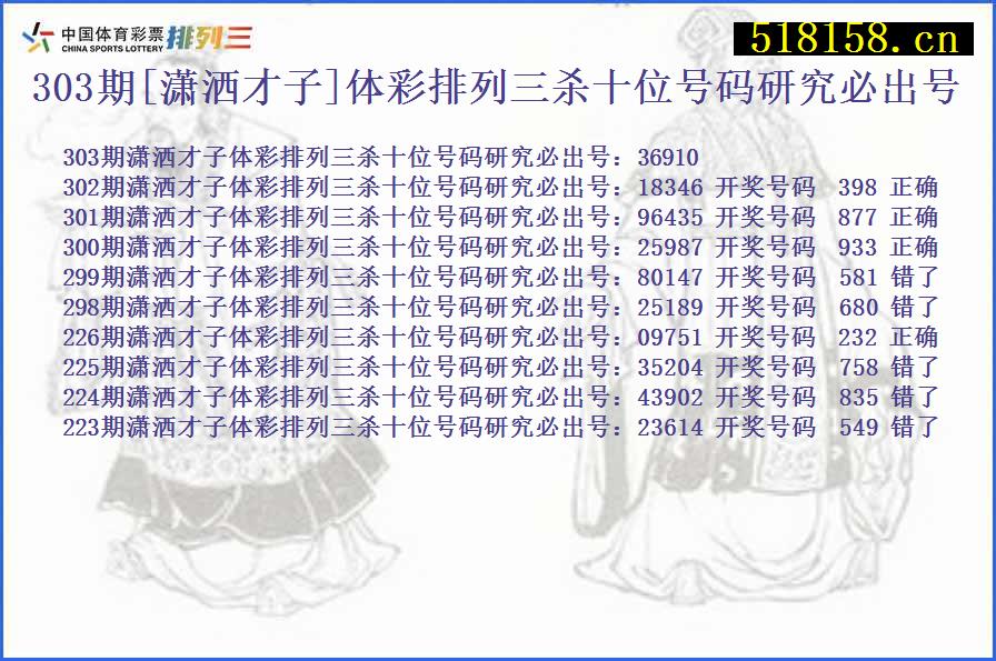 303期[潇洒才子]体彩排列三杀十位号码研究必出号