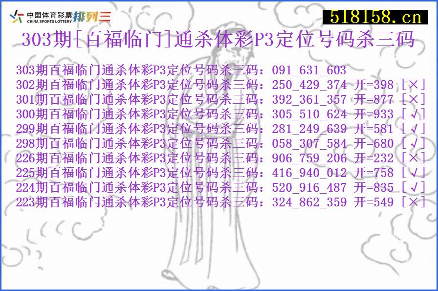 303期[百福临门]通杀体彩P3定位号码杀三码