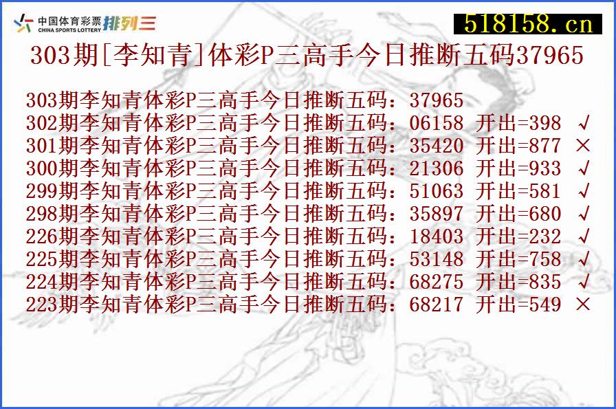 303期[李知青]体彩P三高手今日推断五码37965