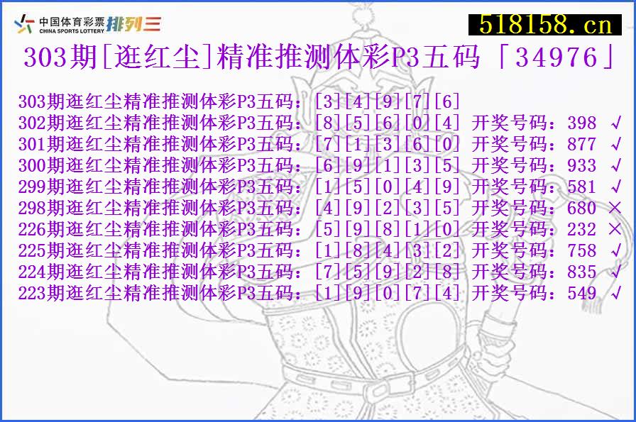 303期[逛红尘]精准推测体彩P3五码「34976」