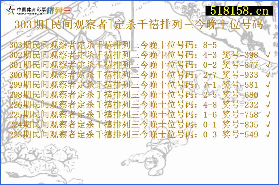 303期[民间观察者]定杀千禧排列三今晚十位号码