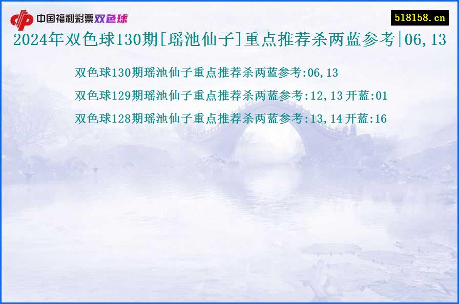 2024年双色球130期[瑶池仙子]重点推荐杀两蓝参考|06,13