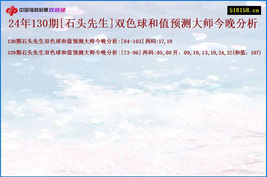 24年130期[石头先生]双色球和值预测大师今晚分析