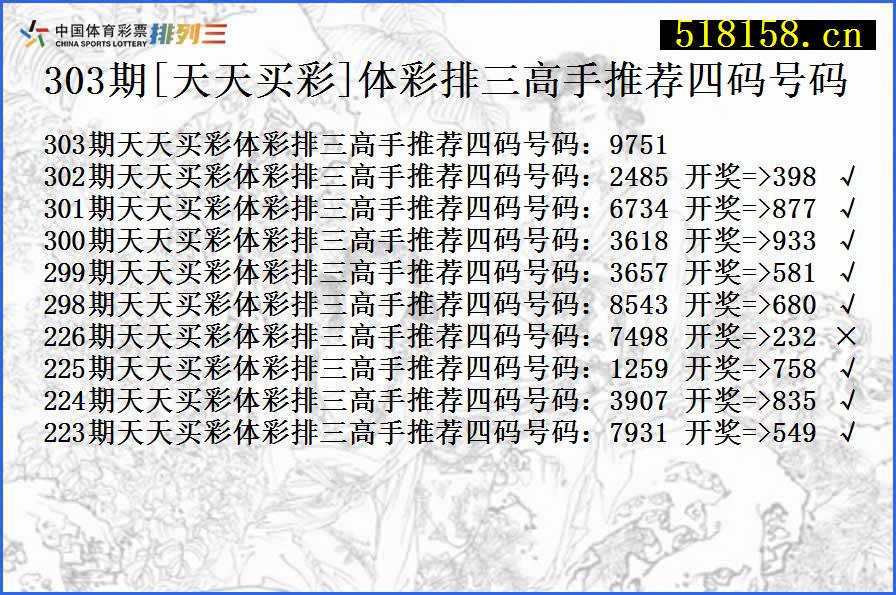 303期[天天买彩]体彩排三高手推荐四码号码