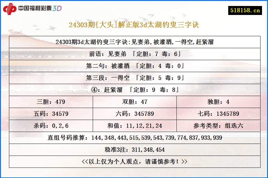 24303期[大头]解正版3d太湖钓叟三字诀