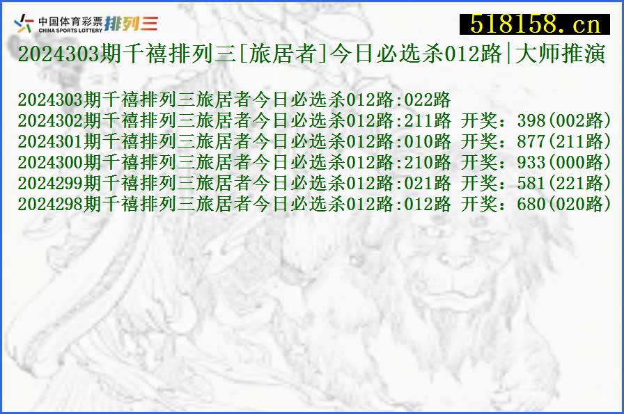 2024303期千禧排列三[旅居者]今日必选杀012路|大师推演