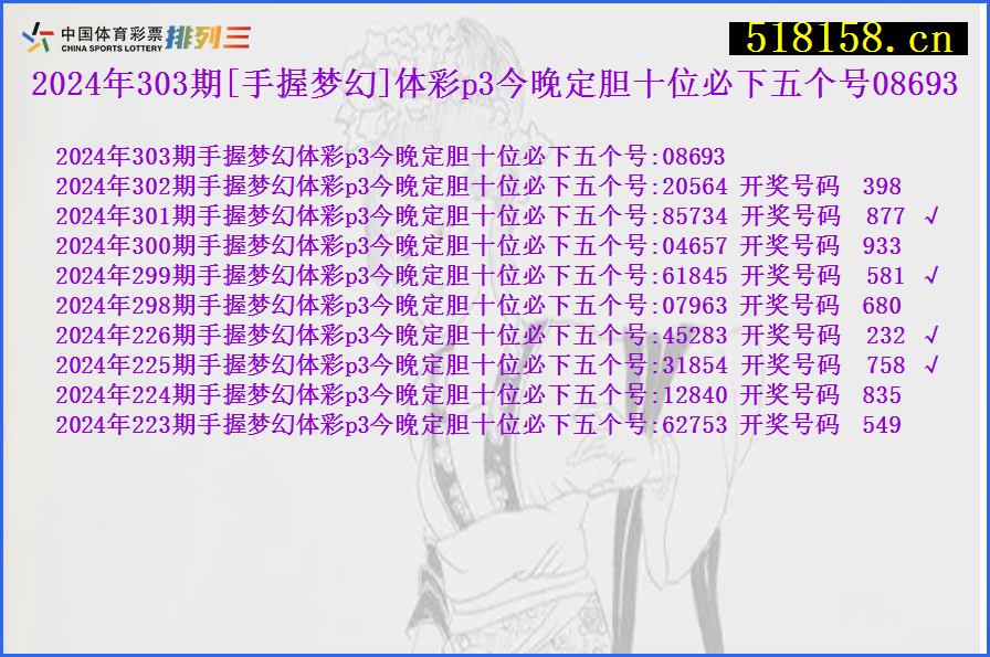 2024年303期[手握梦幻]体彩p3今晚定胆十位必下五个号08693