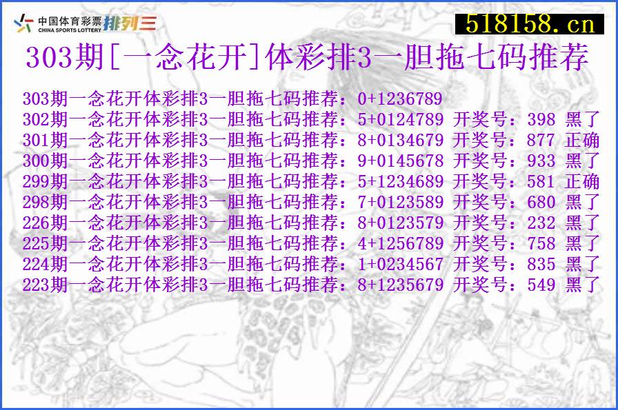 303期[一念花开]体彩排3一胆拖七码推荐