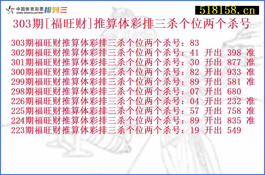 303期[福旺财]推算体彩排三杀个位两个杀号