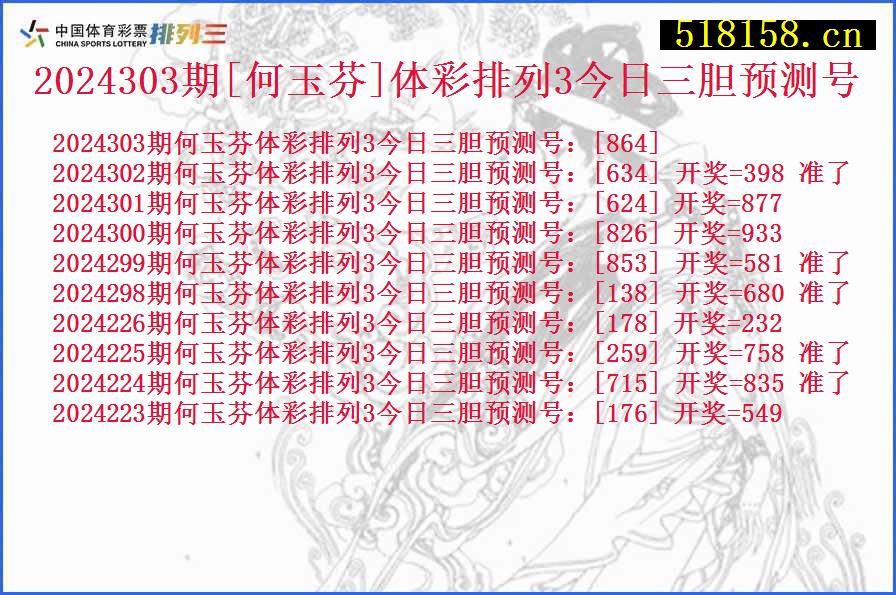 2024303期[何玉芬]体彩排列3今日三胆预测号