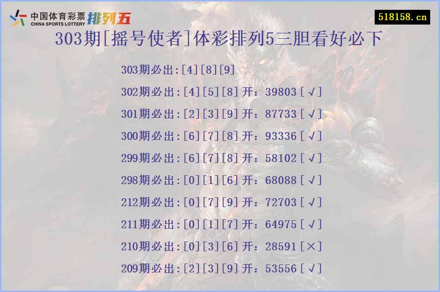 303期[摇号使者]体彩排列5三胆看好必下