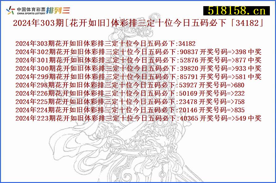 2024年303期[花开如旧]体彩排三定十位今日五码必下「34182」