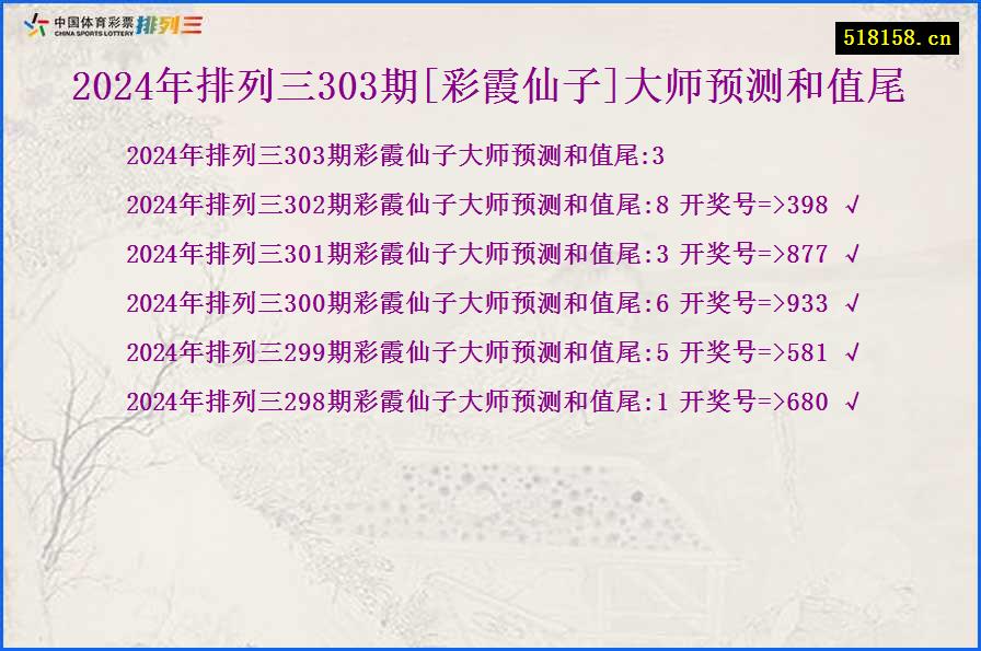 2024年排列三303期[彩霞仙子]大师预测和值尾