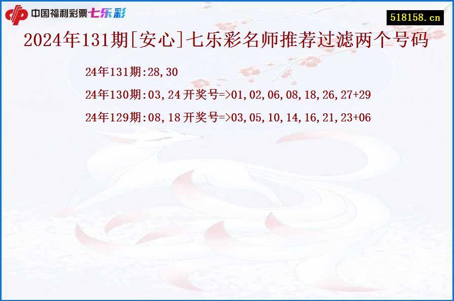 2024年131期[安心]七乐彩名师推荐过滤两个号码