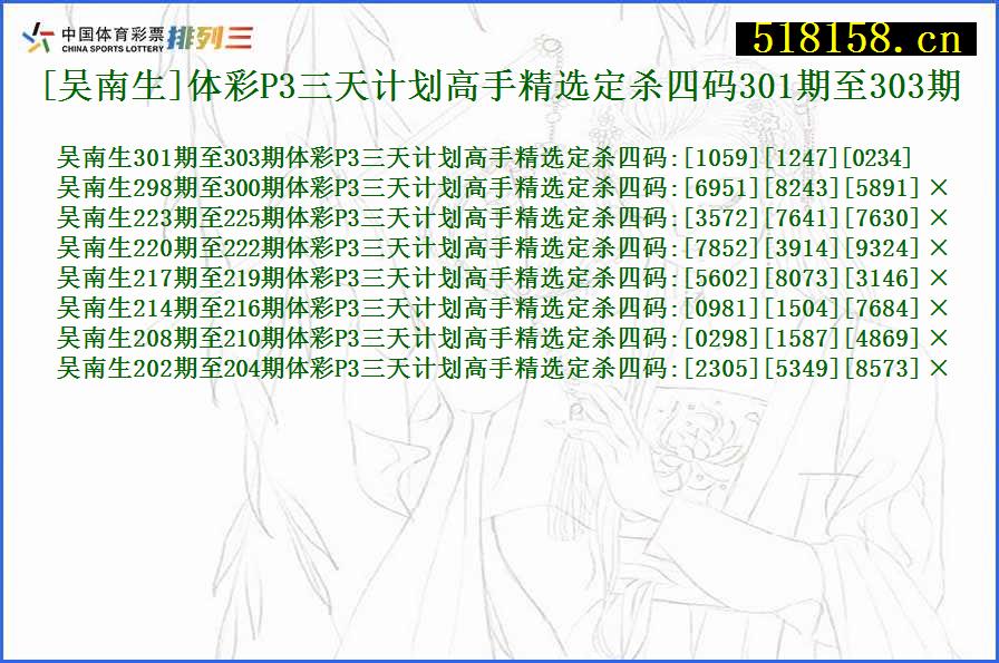 [吴南生]体彩P3三天计划高手精选定杀四码301期至303期