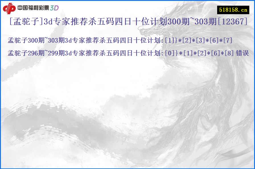 [孟驼子]3d专家推荐杀五码四日十位计划300期~303期[12367]