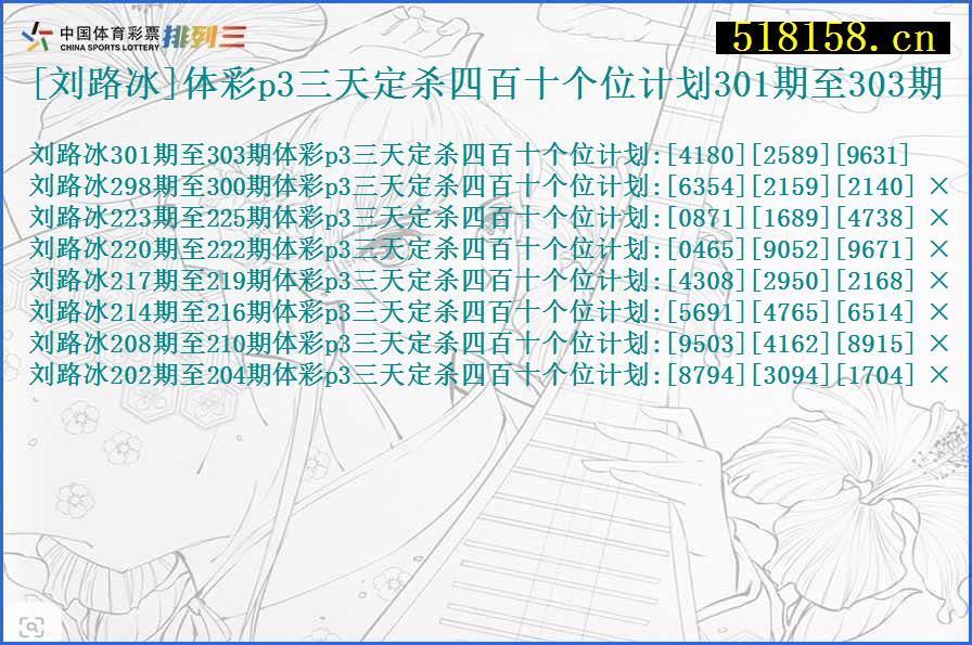 [刘路冰]体彩p3三天定杀四百十个位计划301期至303期