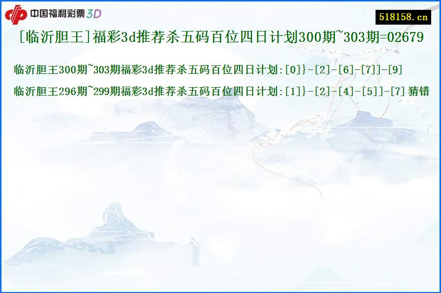 [临沂胆王]福彩3d推荐杀五码百位四日计划300期~303期=02679