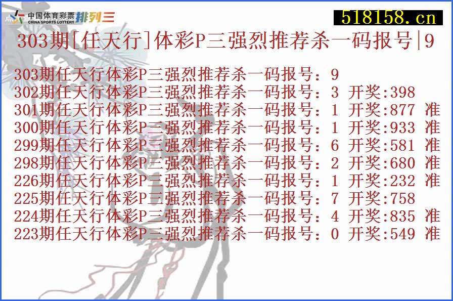 303期[任天行]体彩P三强烈推荐杀一码报号|9