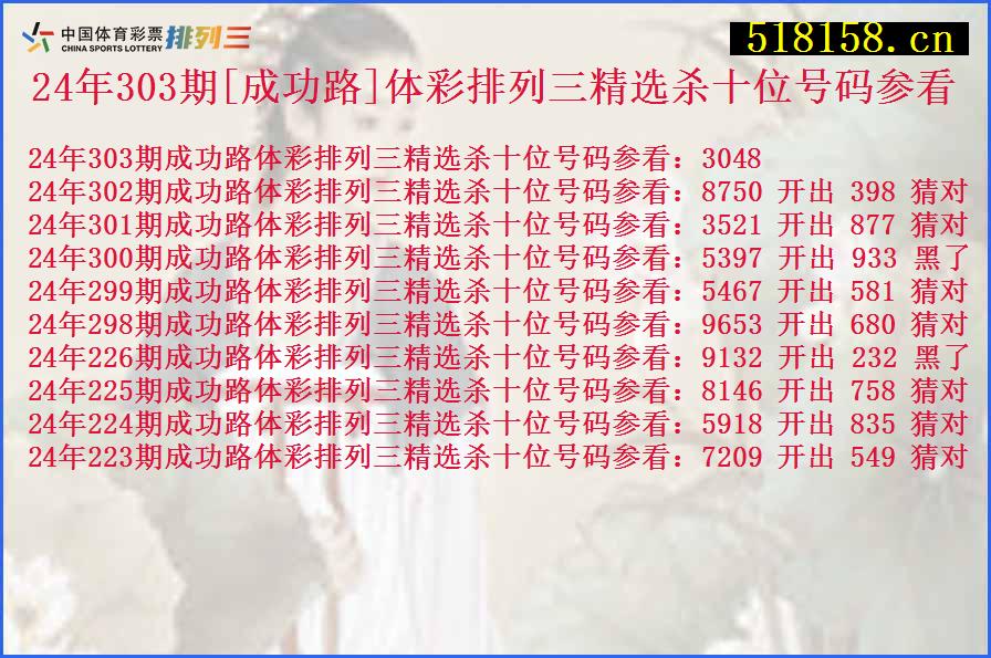 24年303期[成功路]体彩排列三精选杀十位号码参看