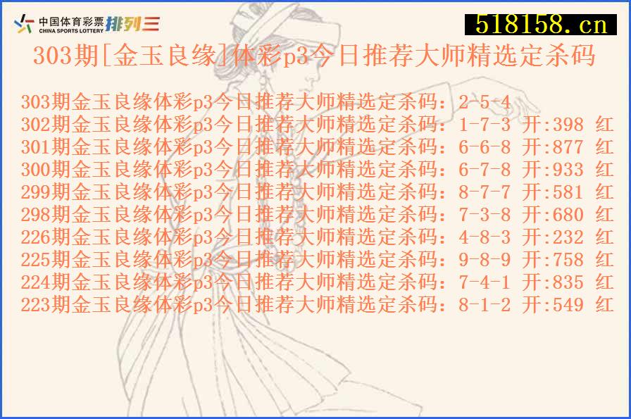 303期[金玉良缘]体彩p3今日推荐大师精选定杀码