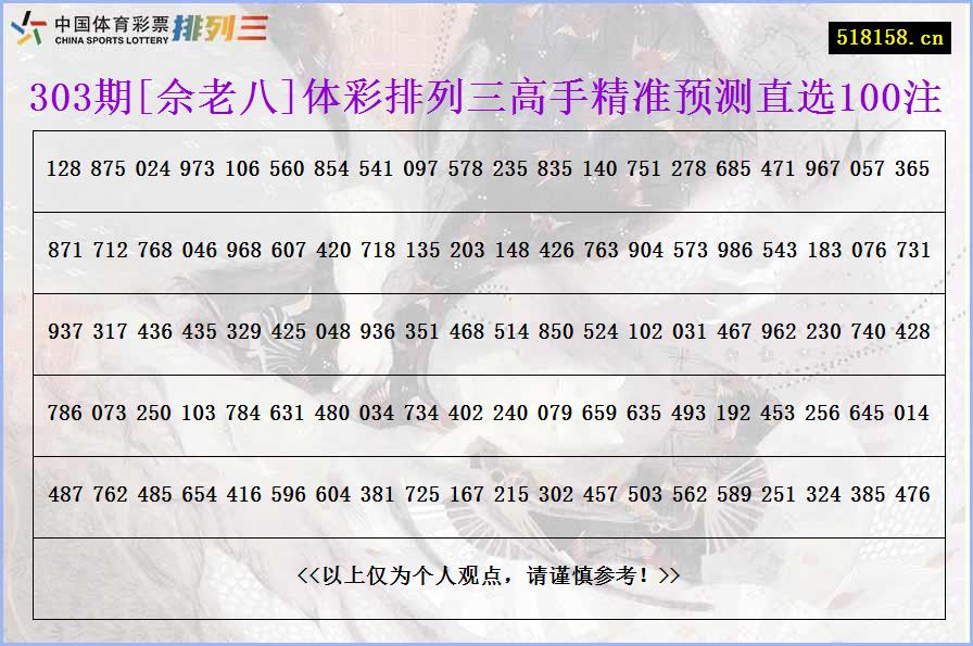 303期[佘老八]体彩排列三高手精准预测直选100注