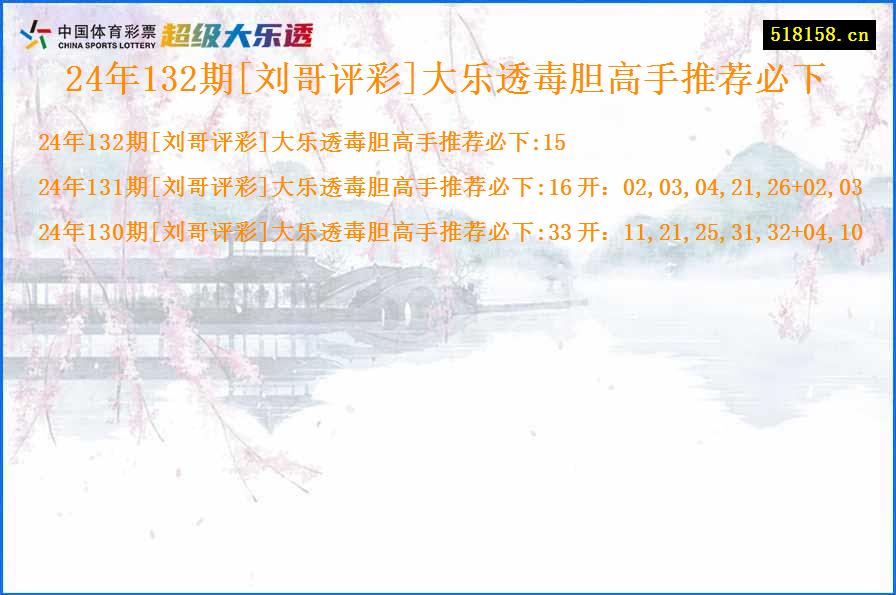 24年132期[刘哥评彩]大乐透毒胆高手推荐必下