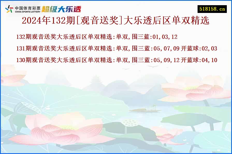 2024年132期[观音送奖]大乐透后区单双精选