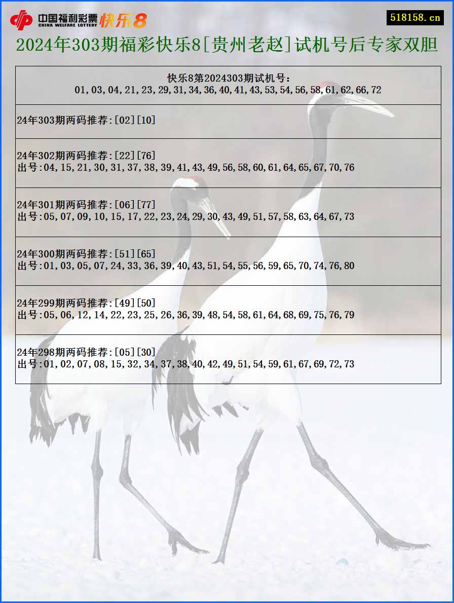 2024年303期福彩快乐8[贵州老赵]试机号后专家双胆