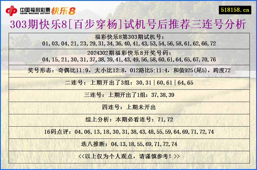 303期快乐8[百步穿杨]试机号后推荐三连号分析