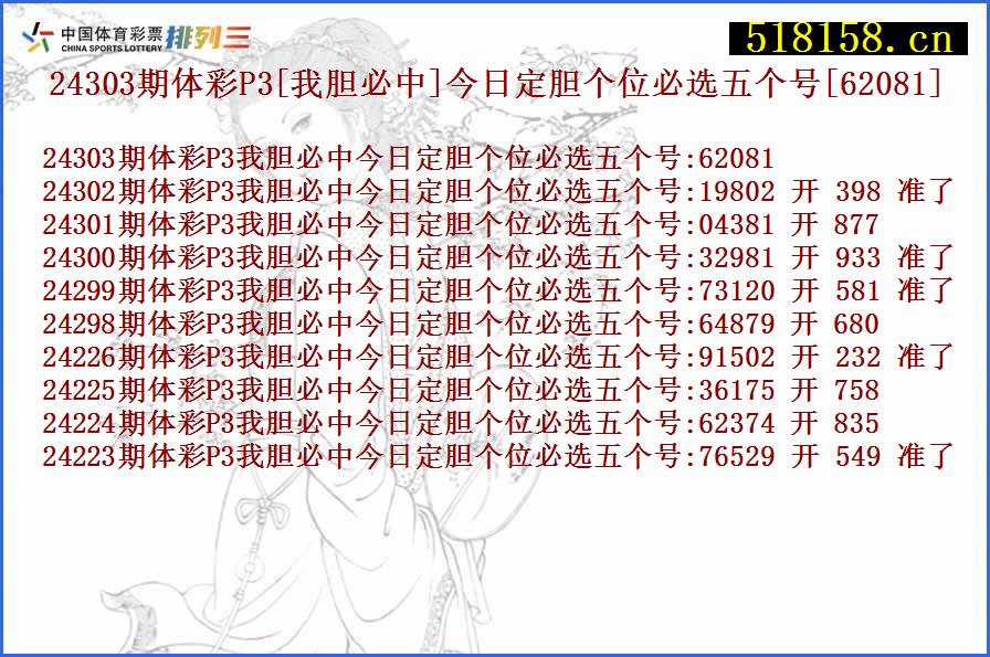 24303期体彩P3[我胆必中]今日定胆个位必选五个号[62081]