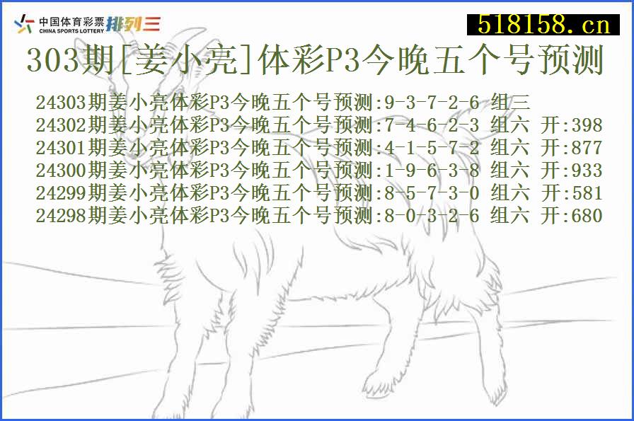 303期[姜小亮]体彩P3今晚五个号预测