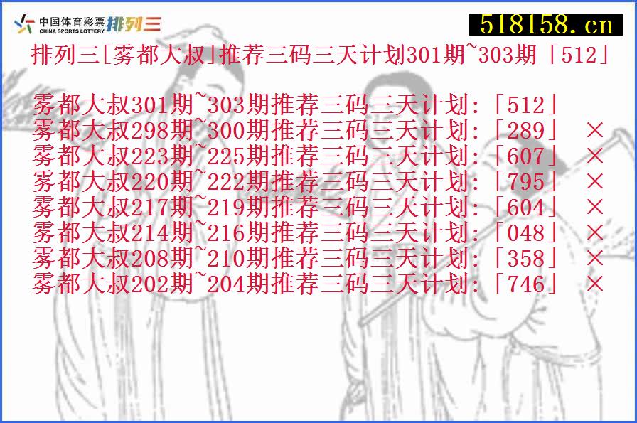 排列三[雾都大叔]推荐三码三天计划301期~303期「512」