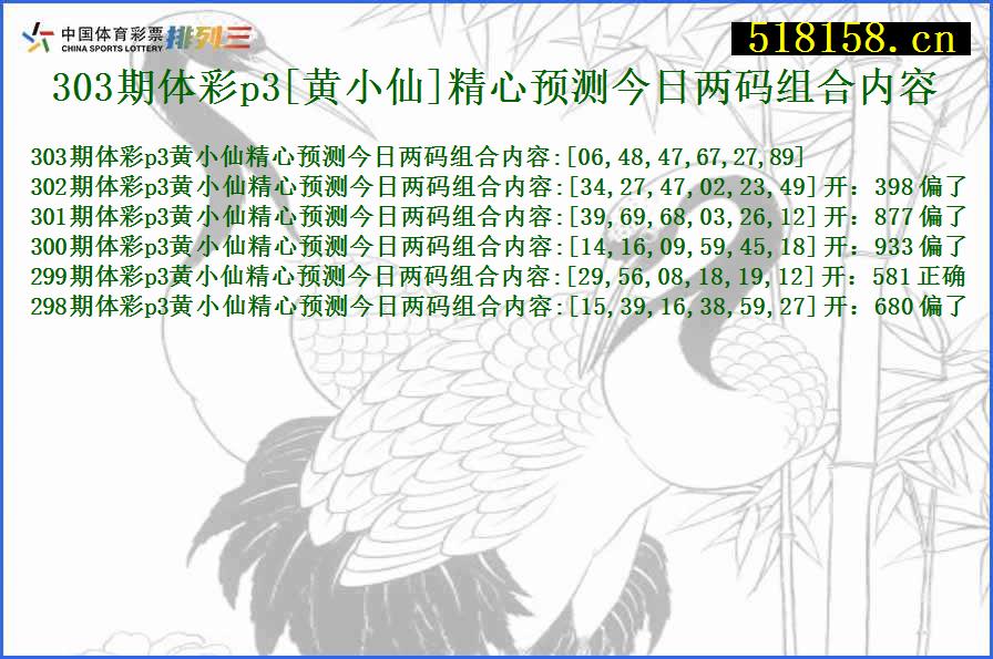 303期体彩p3[黄小仙]精心预测今日两码组合内容