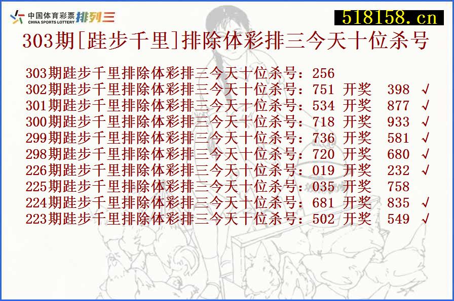 303期[跬步千里]排除体彩排三今天十位杀号