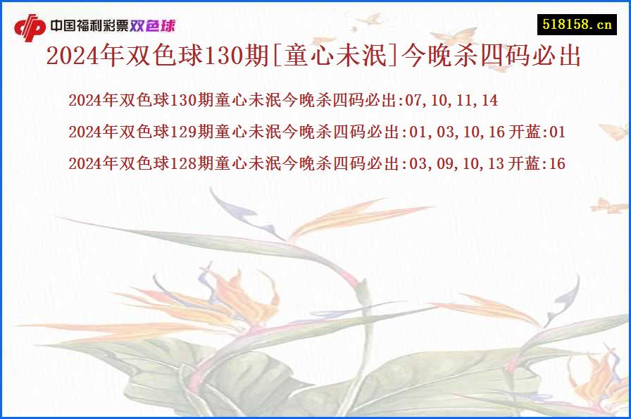 2024年双色球130期[童心未泯]今晚杀四码必出