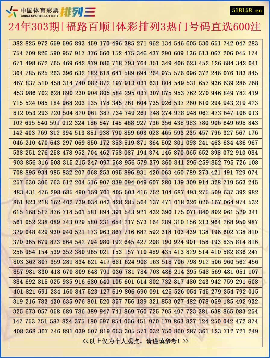 24年303期[福路百顺]体彩排列3热门号码直选600注