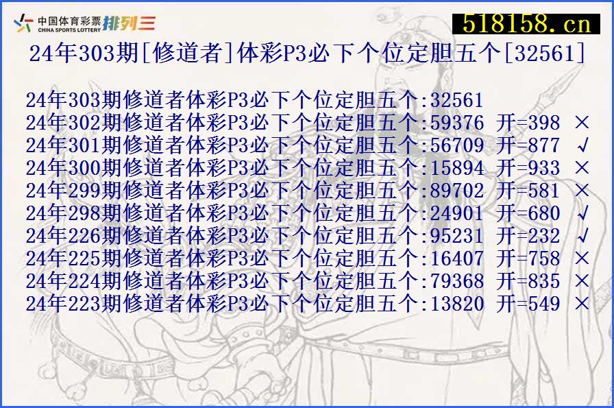 24年303期[修道者]体彩P3必下个位定胆五个[32561]