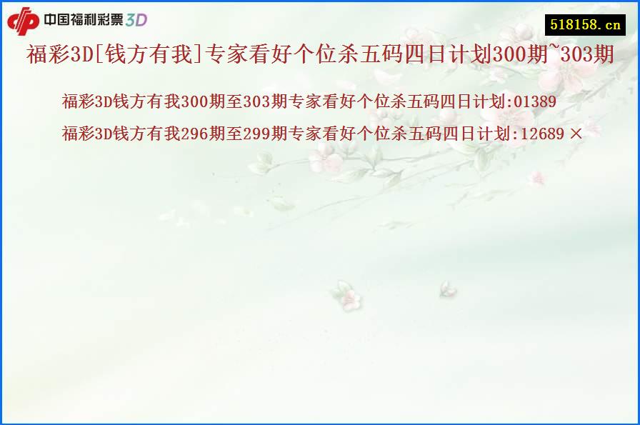 福彩3D[钱方有我]专家看好个位杀五码四日计划300期~303期